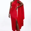 Satin Back Crepe One Shoulder Drape Sleeve Maxi Dress