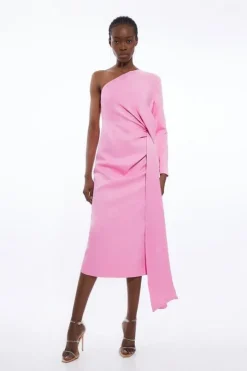 Satin Back Crepe One Shoulder Drape Midi Dress