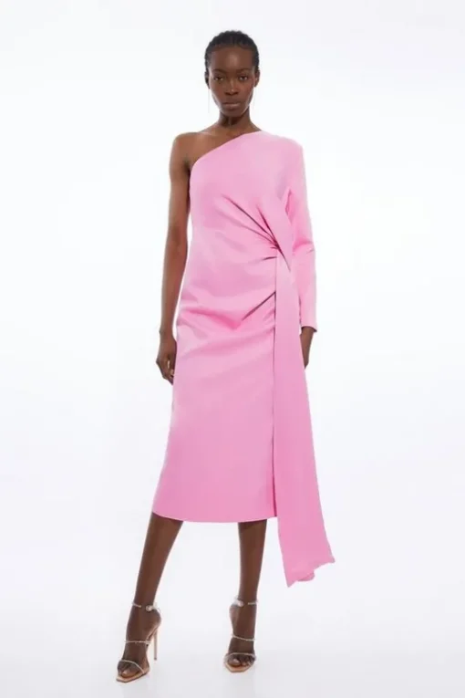 Satin Back Crepe One Shoulder Drape Midi Dress