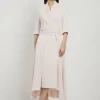 Satin Back Crepe Wrap Tie High Low Maxi Dress