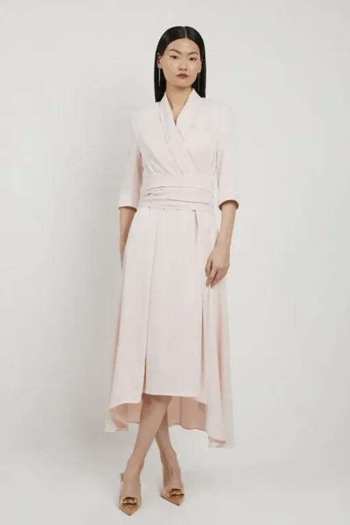 Satin Back Crepe Wrap Tie High Low Maxi Dress