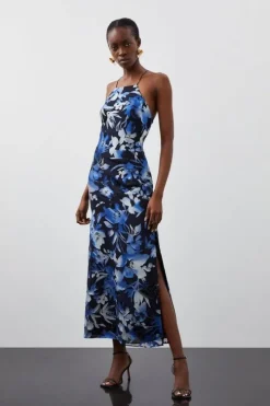 Satin Floral Devore Woven Strappy Maxi Dress
