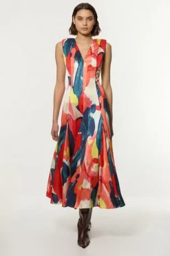 Satin Print V Neck Woven Maxi Dress