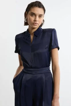 Satin Zip Front Woven Polo Top