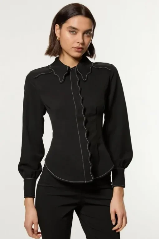 Scallop Trim Woven Crepe Blouse