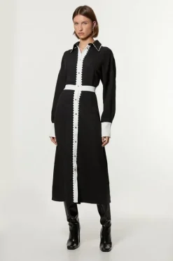 Scallop Trim Woven Crepe Shirt Dress