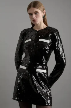 Sequin And Viscose Satin Jacket & Skirt Set
