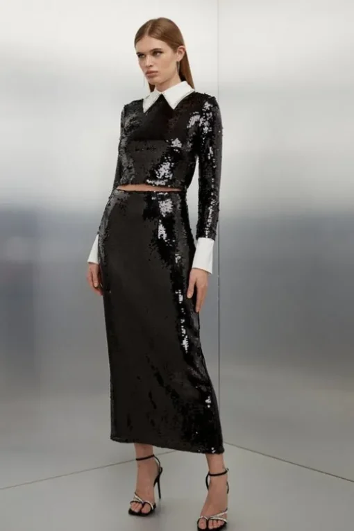 Sequin Front Split Woven Midi Skirt