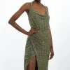 Sequin Halter Cowl Neck Midi Dress