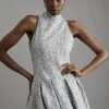 Sequin Metallic Boucle Halter Full Skirt Tailored Mini Dress
