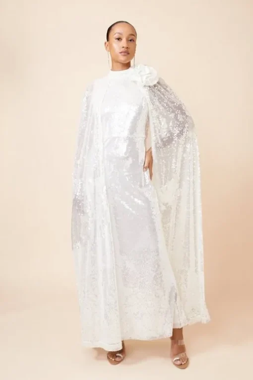 Sequin Rosette Cape Maxi Dress