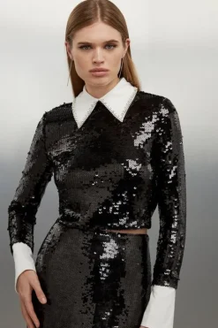 Sequin Woven Long Sleeve Crop Top
