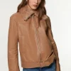 Shearling Collar Leather Zip Through Jacket