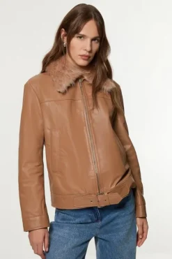 Shearling Collar Leather Zip Through Jacket