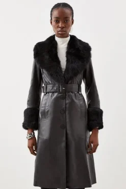 Shearling Cuff And Collar Leather Coat