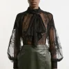 Sheer Lace Balloon Sleeve Bow Detail Blouse