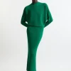 Slinky Drape Knit Bat Wing Pencil Midi Dress