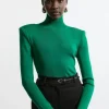 Slinky Drape Knit Power Shoulder Funnel Neck Top