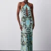 Slinky Knit Contrast Piping Halter Neck Maxi Dress