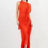 Slinky Knit Woven Mix Ruffle Midaxi Dress