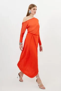 Slinky Viscose Blend Off Shoulder Asymmetric Midaxi Dress