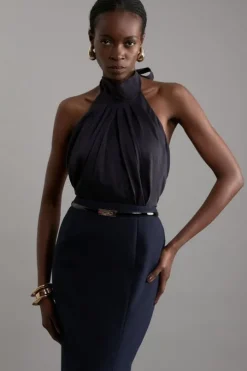 Slub Organdie Halter Pussy Bow Woven Top