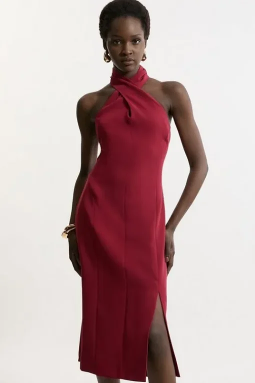 Soft Tailored Color Block Tailored Halter Neck Midi Dress