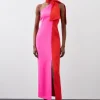 Soft Tailored Color Block Tie Neck Midi Dress