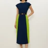 Soft Tailored Contrast Pleated Panel Skirt Midi Dress