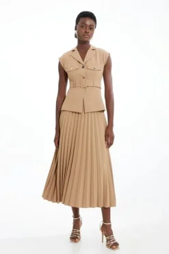 Soft Tailored Crepe Belted Pleated Midi Dress