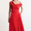 Soft Tailored Crepe One Shoulder Belted Pleated Midi Dress