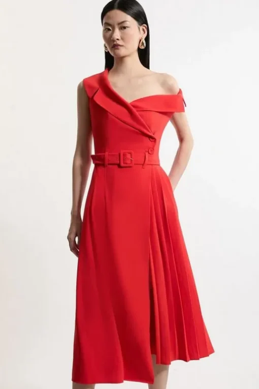 Soft Tailored Crepe One Shoulder Belted Pleated Midi Dress
