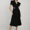 Soft Tailored Crepe Tab Detail Pleated Midi Dress