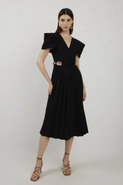 Soft Tailored Crepe Tab Detail Pleated Midi Dress