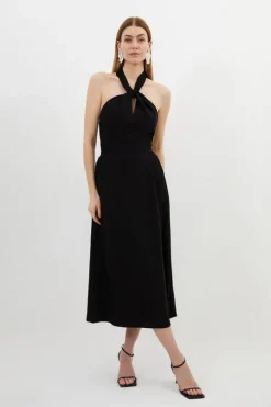 Soft Tailored Halter Tie Neck Pleat Detail Midi Dress