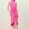 Soft Tailored Ruched Front High Neck Midi Dress