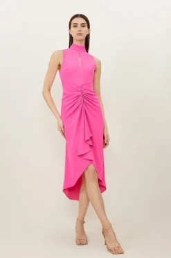 Soft Tailored Ruched Front High Neck Midi Dress