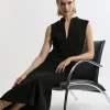 Soft Tailored Ruched Waist Sleeveless Midi Dress