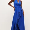 Soft Tailored Waterfall Halter Maxi Dress