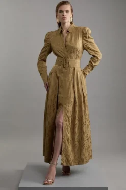 Soft Woven Jacquard Belted Shirt Dress