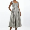 Spotty Jacquard Tailored Square Neck Full Skirted Midi Dress