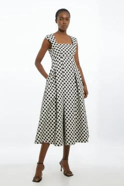 Spotty Jacquard Tailored Square Neck Full Skirted Midi Dress