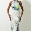 Spring Floral Hammered Satin Woven Halter Midi Dress