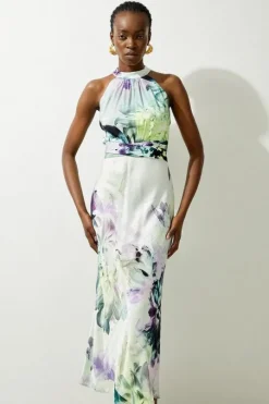 Spring Floral Hammered Satin Woven Halter Midi Dress