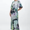 Spring Floral Printed Hammered Satin Woven Midi Dress