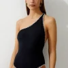 Stitch Detail One Shoulder Cut Out Swimsuit