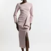 Stretch Crepe Asymmetric Neck Ruffle Drape Midi Dress
