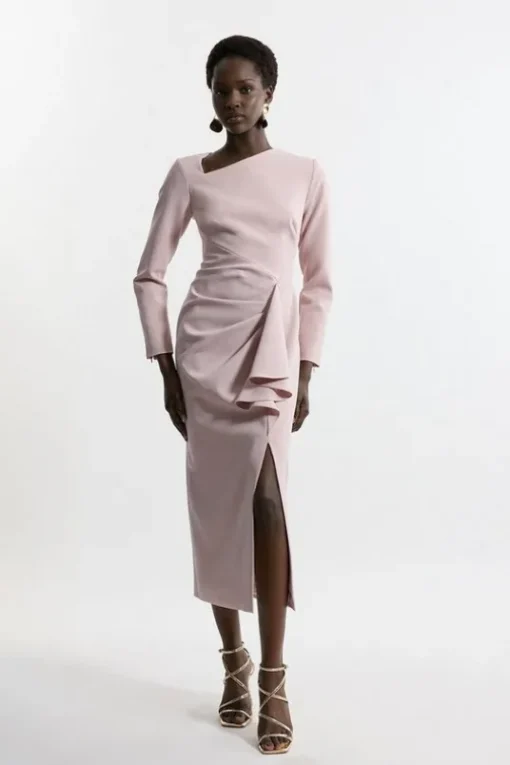 Stretch Crepe Asymmetric Neck Ruffle Drape Midi Dress
