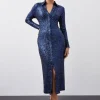 Stretch Sequin Collar Plunge Midaxi Dress