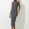 Stripe Stretch Cotton Jersey Halter Midi Dress